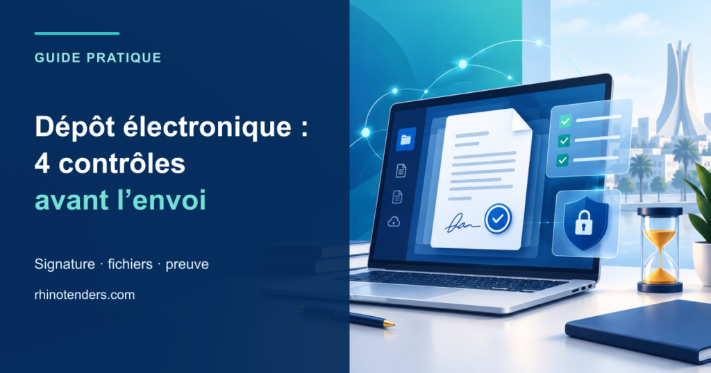 Dépôt électronique : quatre contrôles avant l’envoi, avec un ordinateur, un dossier et une checklist.