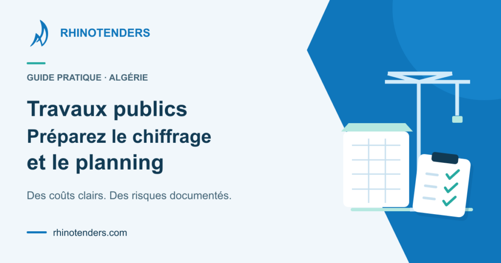Travaux publics : préparer le chiffrage et le planning, avec une illustration de chantier et une checklist.